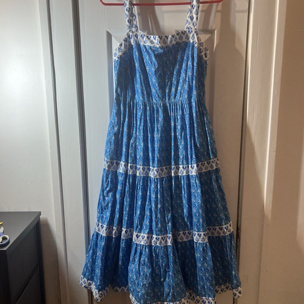 J. Crew Block Print Square Neck Smocked Floral Tiered Midi Dress Size 4 Blue